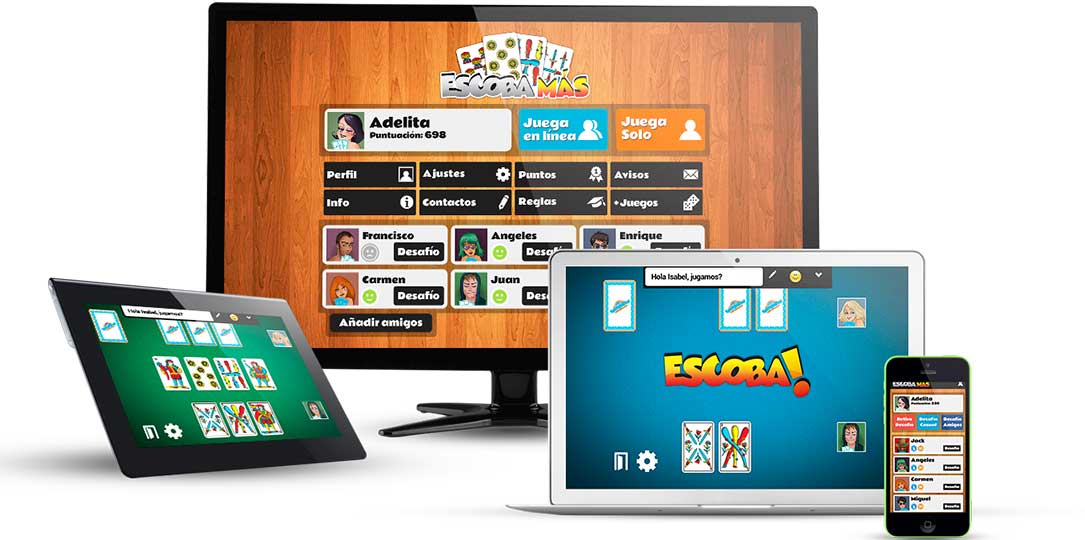 Imagen que muestra todos los dispositivos donde se puede jugar a Escoba Más (un teléfono móvil, una tableta, una computadora portátil y un ordenador), mostrando todos el juego de Escoba Más en las pantallas. 